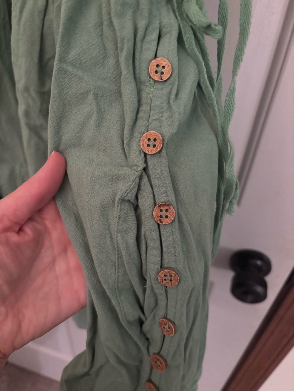 Free People Sage Green Ruffled Strap Mini Cotton Sundress sz XL pockets buttons - Picture 2 of 8